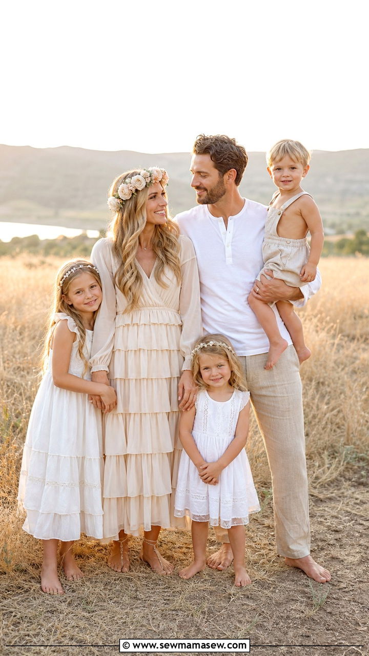 Flowy maxi dress and barefoot sandals family outfits - 40 Family photo outfit ideas