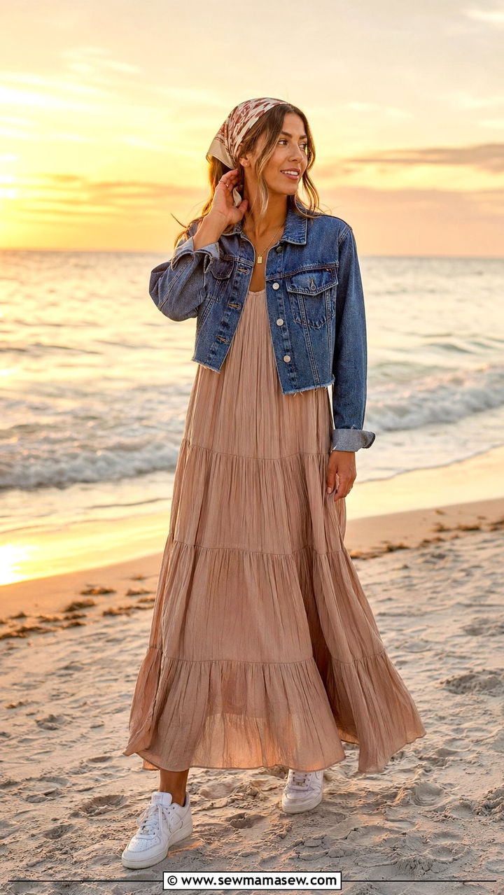 Flowy maxi dress and denim jacket August outfit - 35 August outfits for women