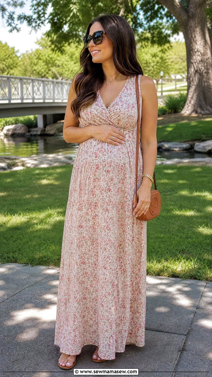 Flowy maxi dress and flat sandals - 30 Summer outfit ideas for new mom