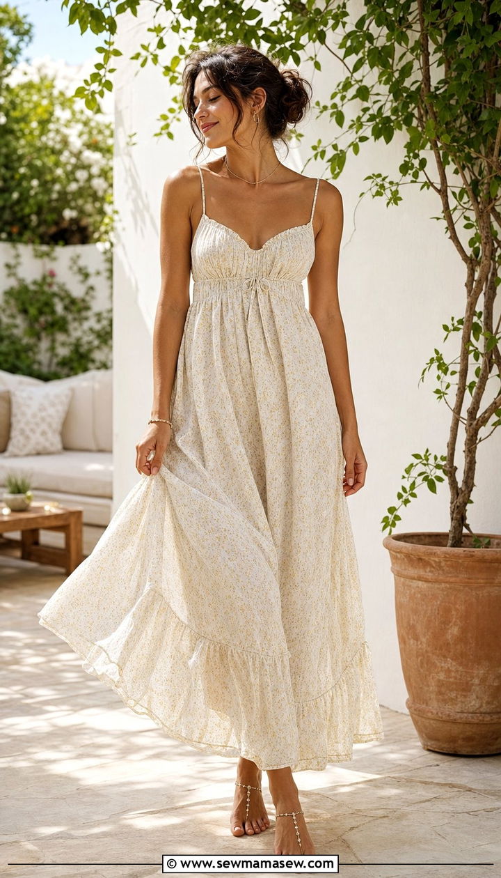 Flowy maxi dress with barefoot sandals - 25 Summer at home outfit ideas