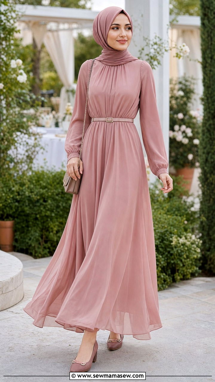 Flowy maxi dress with belted waist and matching hijab - 25 classy outfits for hijab women