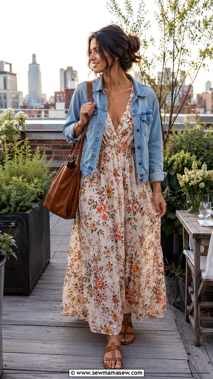 Flowy maxi dress with denim jacket - 30 spring rooftop dinner outfit ideas