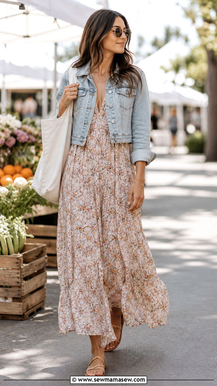 Flowy maxi dress with denim jacket and flat sandals - 40 Chic brunch outfits