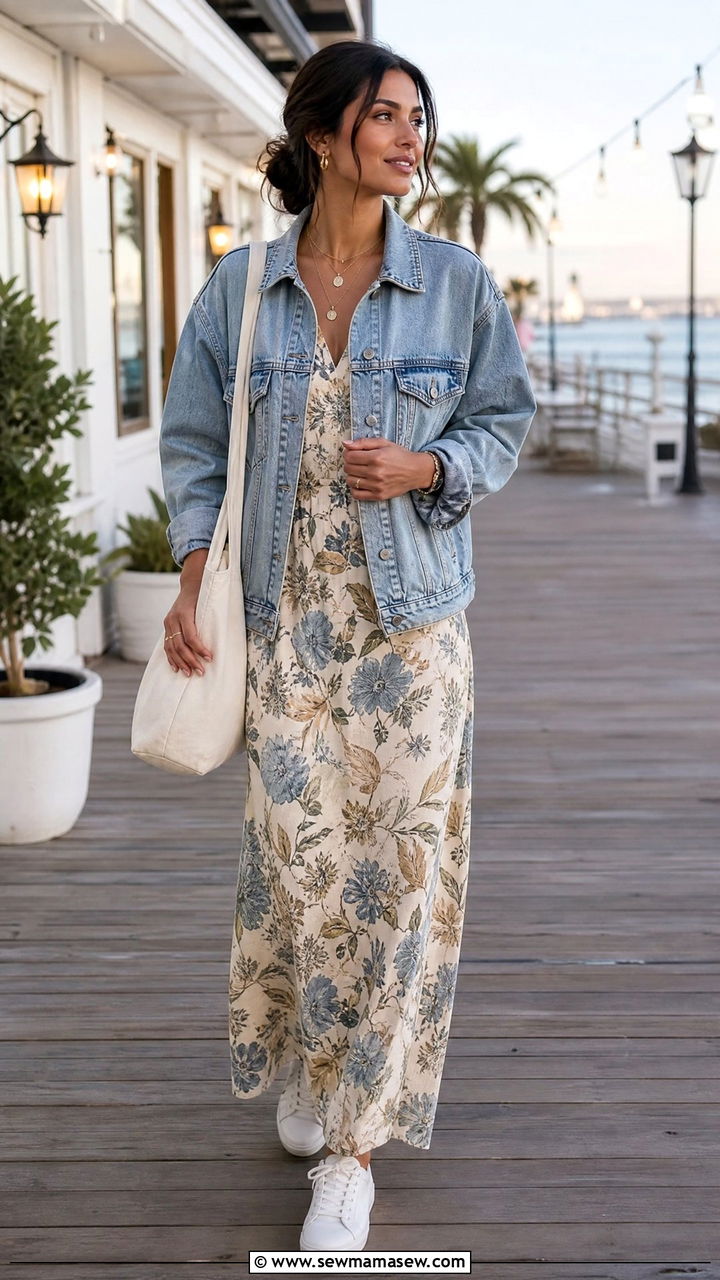 Flowy maxi dress with denim jacket resort look - 30 modest resort vacation outfit ideas