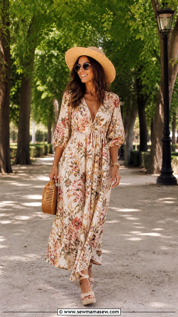 Flowy maxi dress with espadrille wedges and a straw hat - 40 What to wear in Madrid