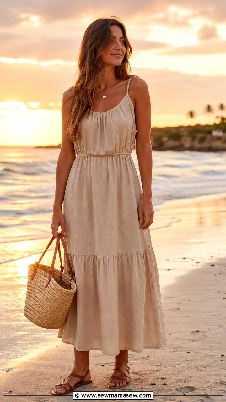 Flowy maxi dress with flat leather sandals - 20 Relaxed summer outfit ideas 2026