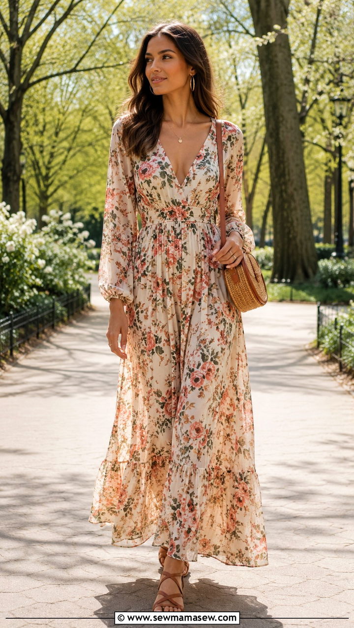 Flowy maxi dress with flat sandals - 30 Tall women spring outfit ideas