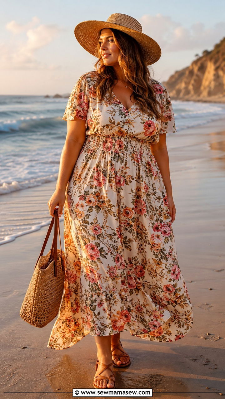 Flowy maxi dress with flat sandals - 30 Travel outfits for midsize women
