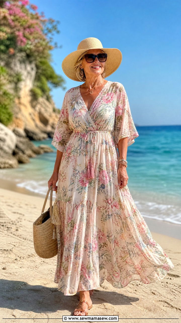 Flowy maxi dress with flat sandals and a wide brim hat - 30 Chic outfits for women over 60