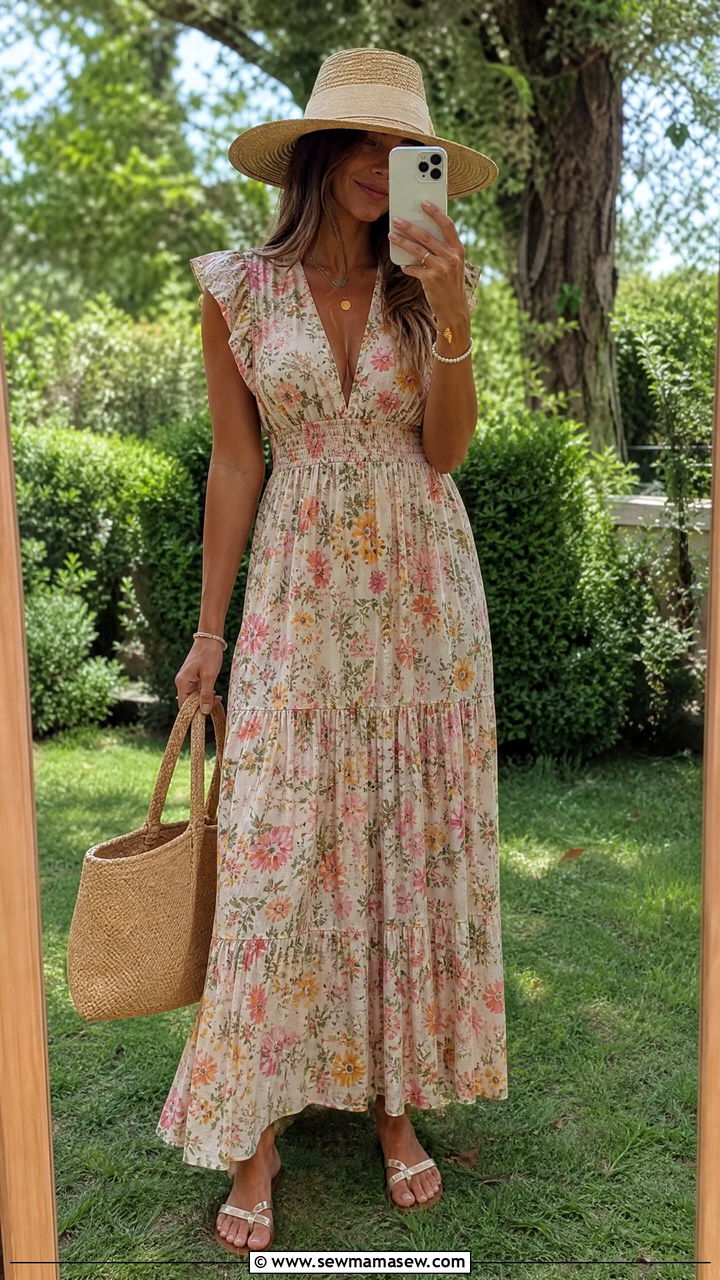 Flowy maxi dress with straw hat - 30 summer outfits with straw hat