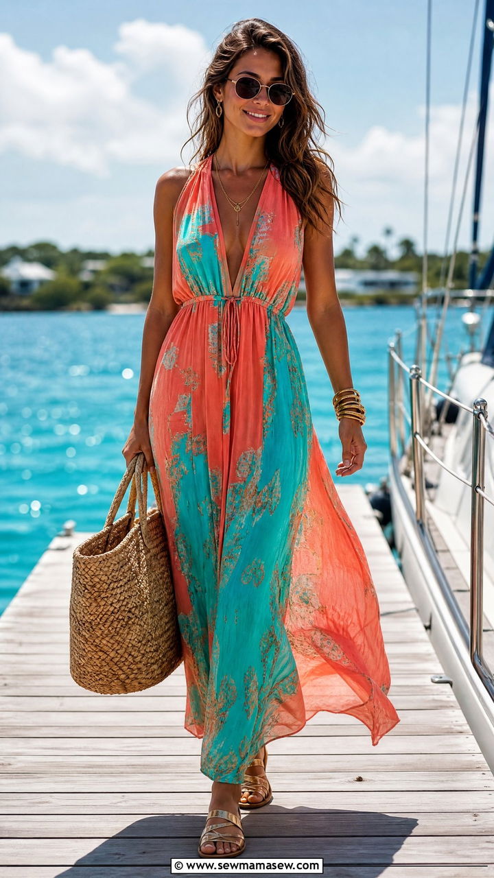 Flowy maxi dress with straw tote bag sailboat outfit - 25 Sailboat outfit ideas