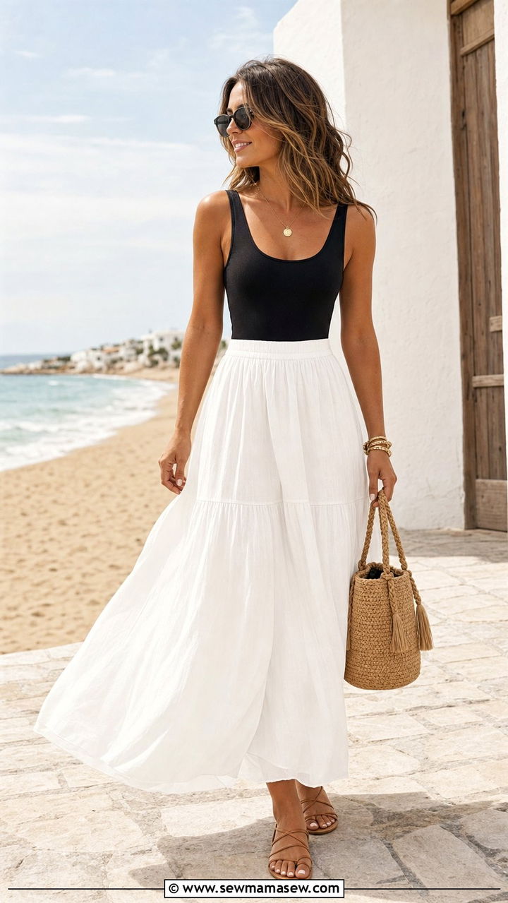 Flowy maxi skirt and fitted tank top with a woven bucket bag - 35 Bucket bag outfit ideas