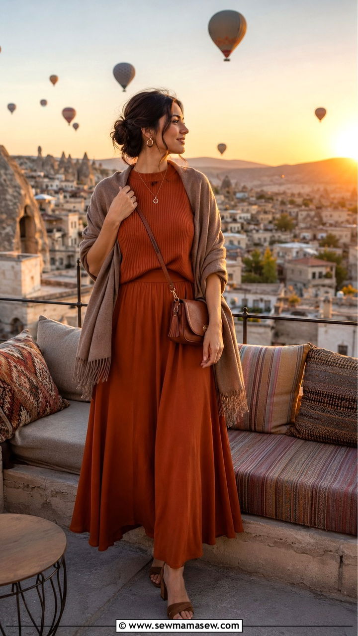 Flowy maxi skirt with knit top outfit - 20 Modest outfit ideas for Turkey