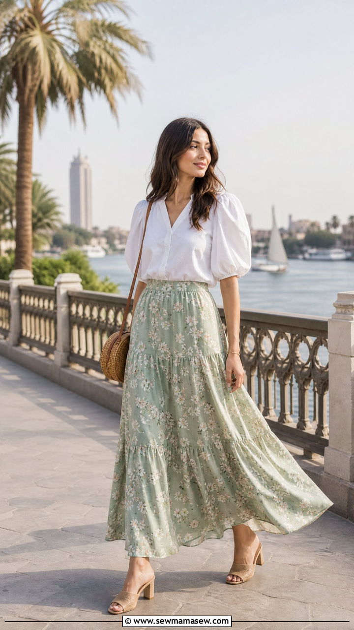 Flowy maxi skirt with puff sleeve blouse outfit - 25 Cairo outfit ideas