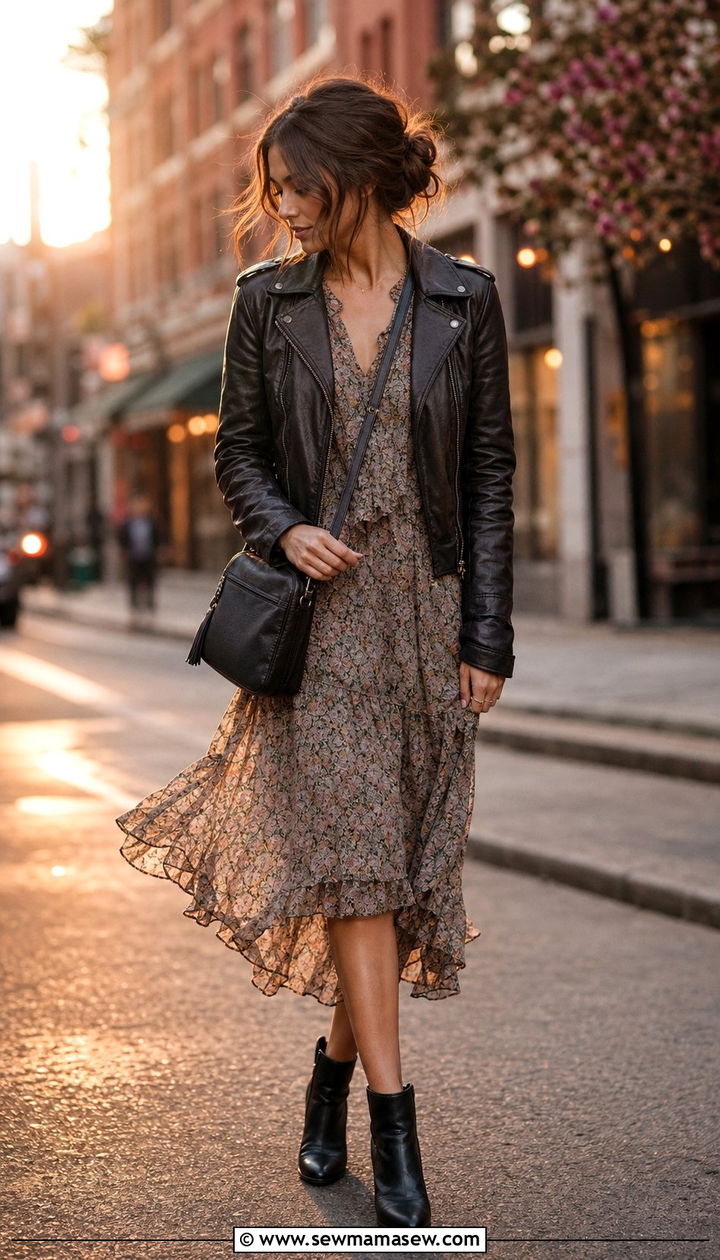 Flowy midi dress and leather jacket outfit - 25 spring casual friday outfit ideas