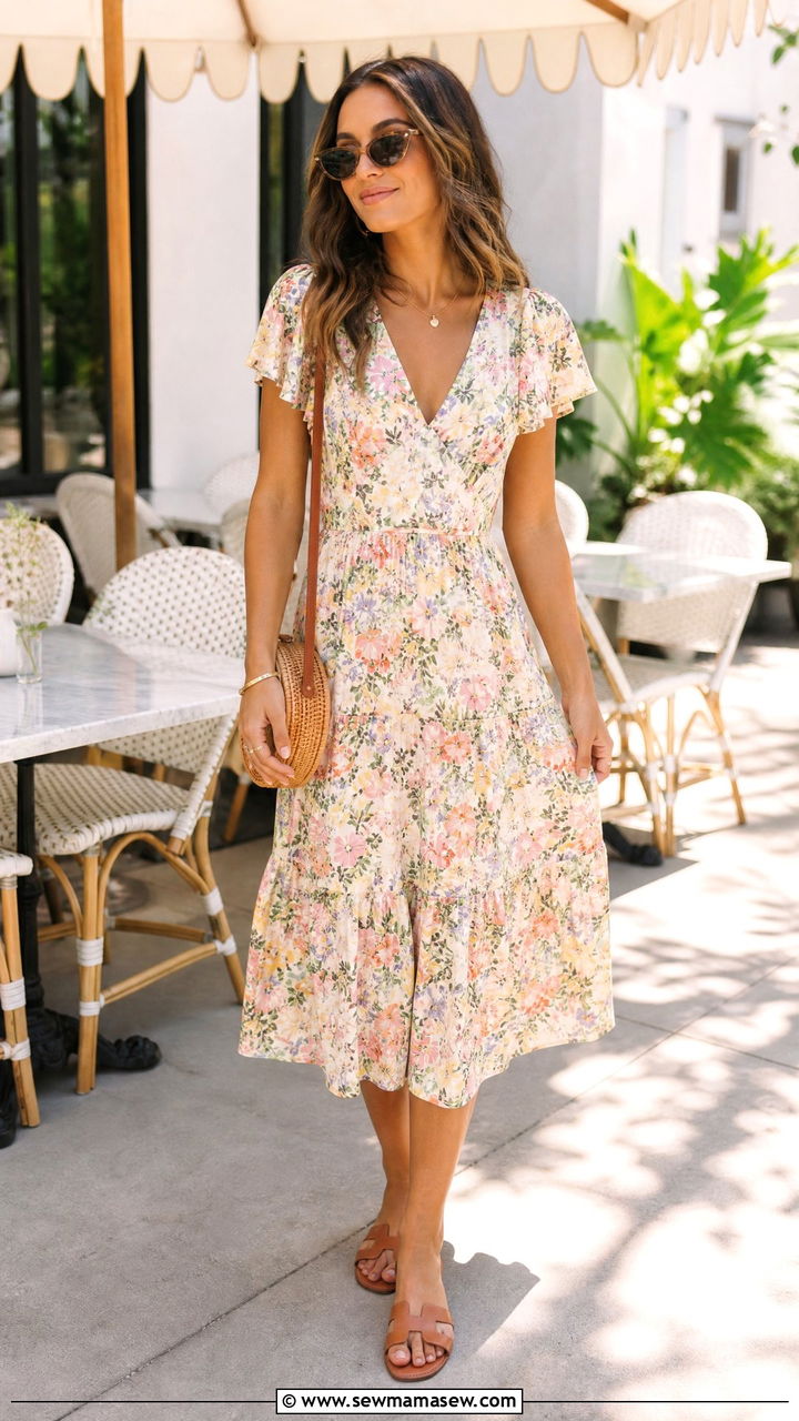 Flowy midi dress and slide sandals for Labor Day brunch - 35 Labor Day weekend outfit ideas