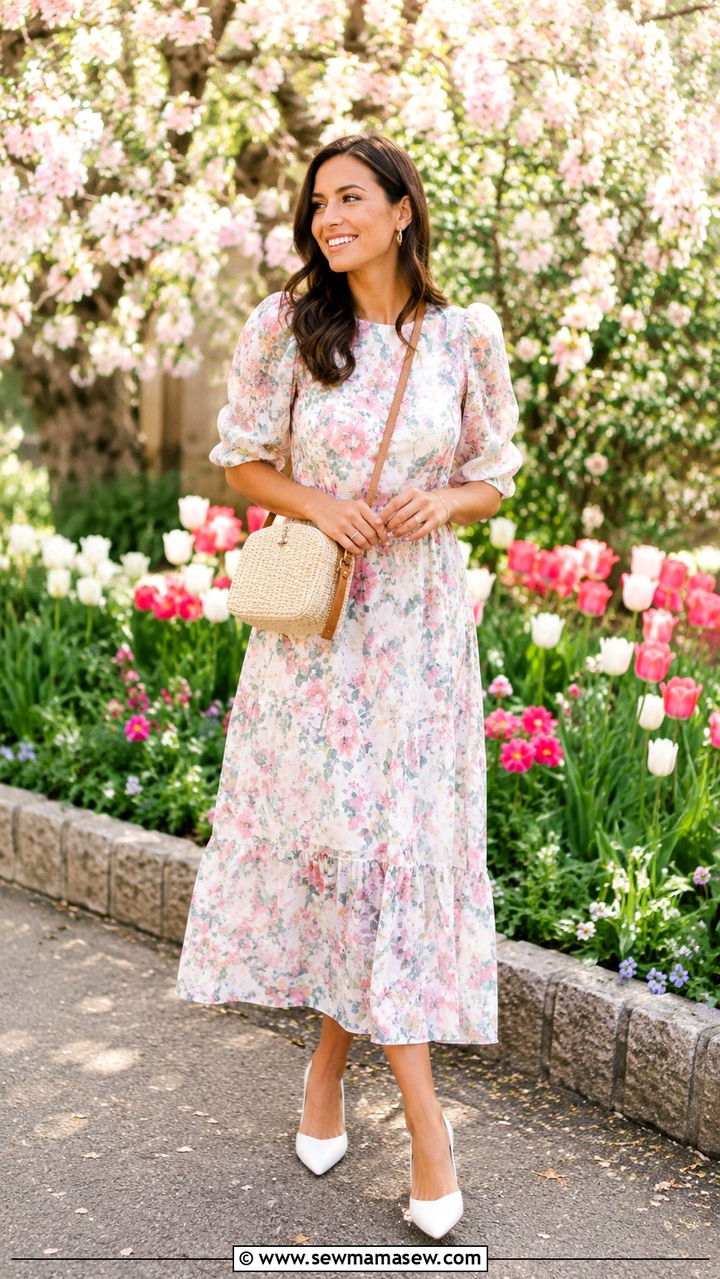 Flowy midi dress and white kitten heels - 20 spring outfits with kitten heels