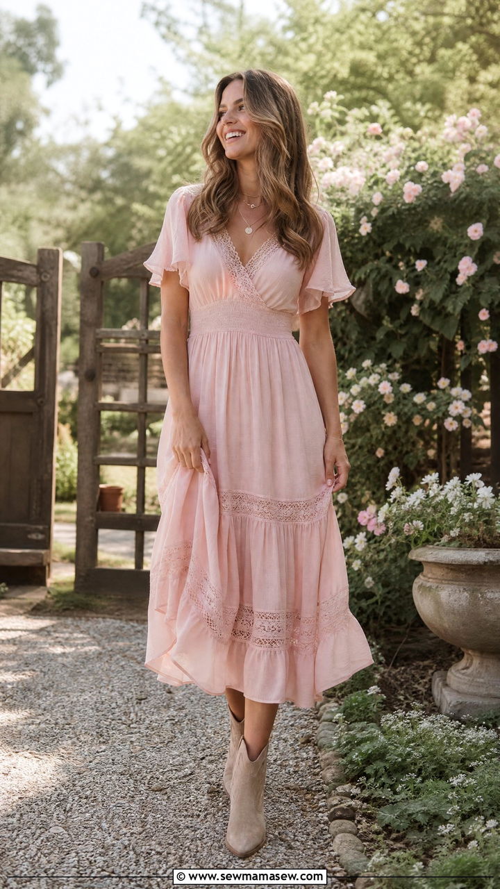 Flowy midi dress with ankle boots - 20 Western outfit ideas Kelsea Ballerini style