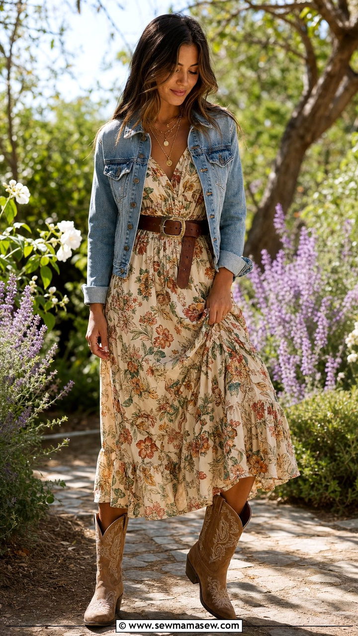 Flowy midi dress with cowboy boots - 25 classy western outfit ideas
