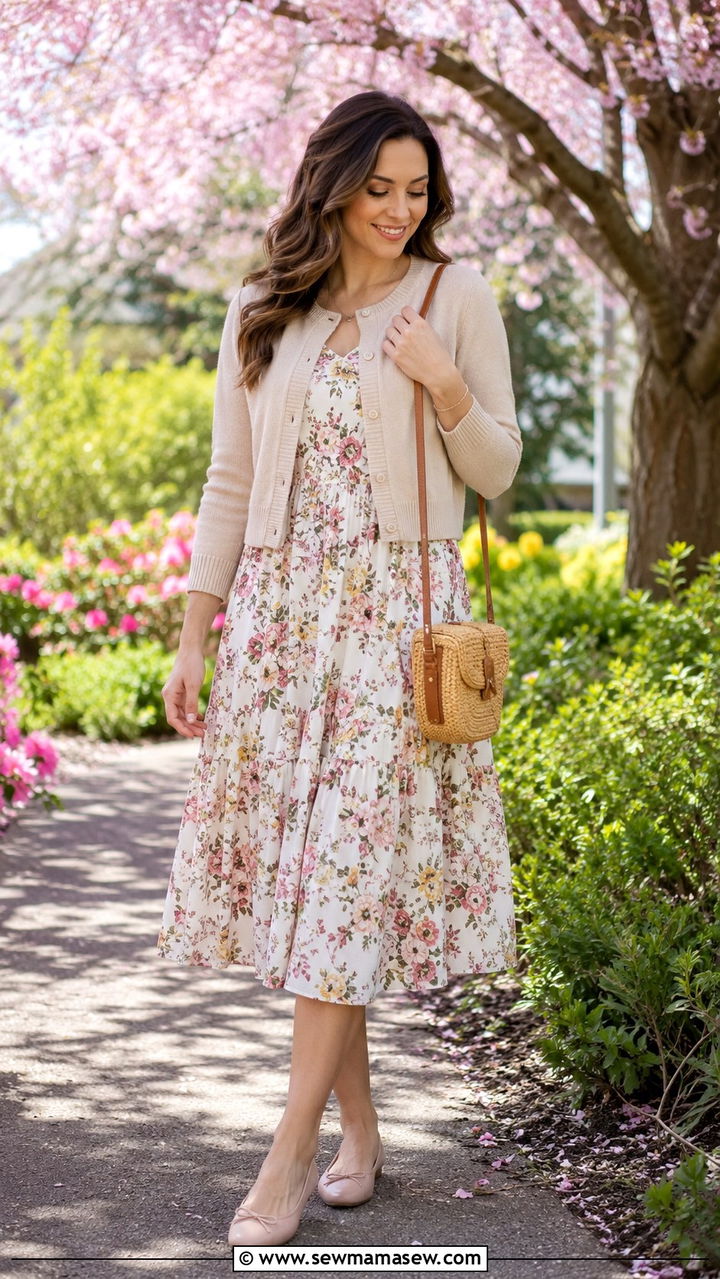 Flowy midi dress with cropped cardigan and ballet flats for spring travel - 25 travel outfits inspo