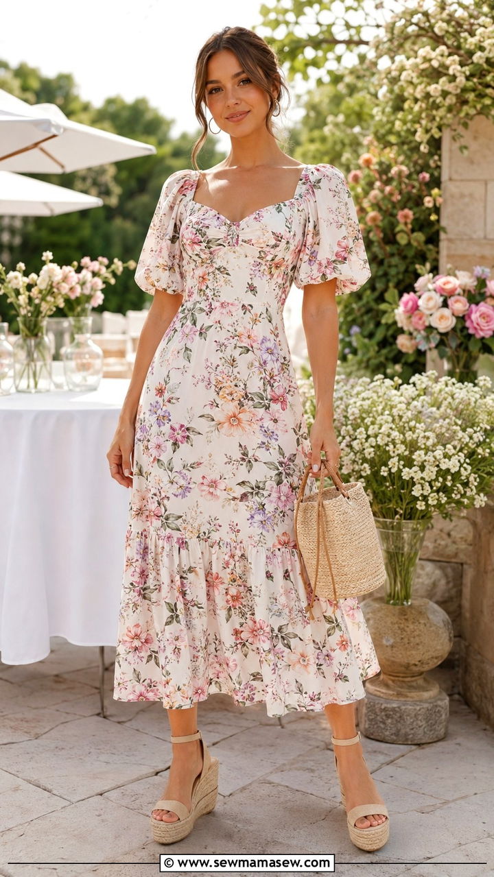 Flowy midi dress with espadrille wedges - 20 Relaxed summer outfit ideas 2026