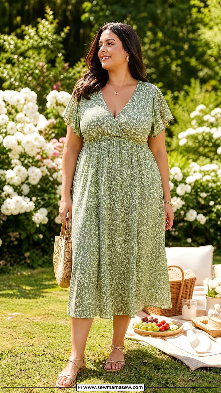 Flowy midi dress with flat strappy sandals - 25 casual outfits for apple shaped body