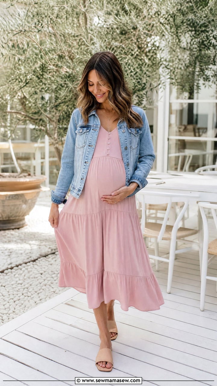 Flowy midi dress with slide sandals and a denim jacket - 30 Summer outfit ideas for postpartum women