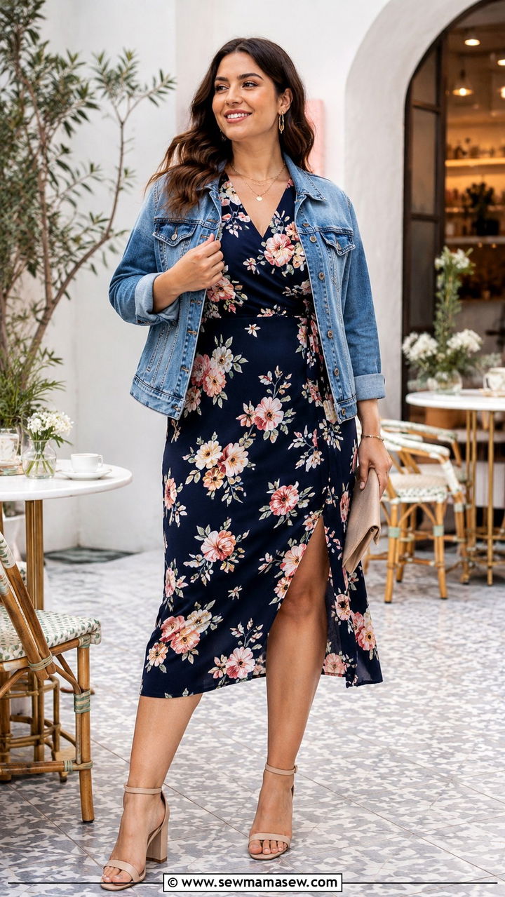 Flowy midi dress with slit and strappy block heels - 25 Outfit ideas for wide calves