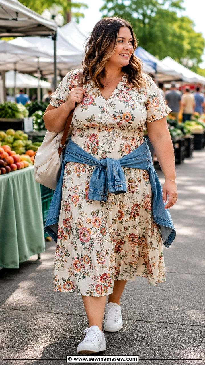 Flowy midi dress with white sneakers plus size - 30 Plus size outfit ideas for moms