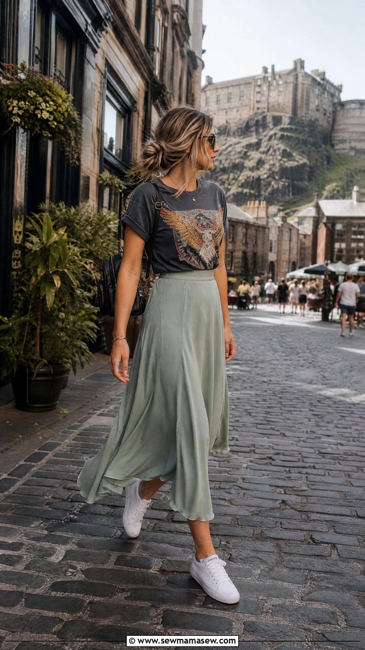 Flowy midi skirt and graphic tee - 30 Edinburgh outfit ideas