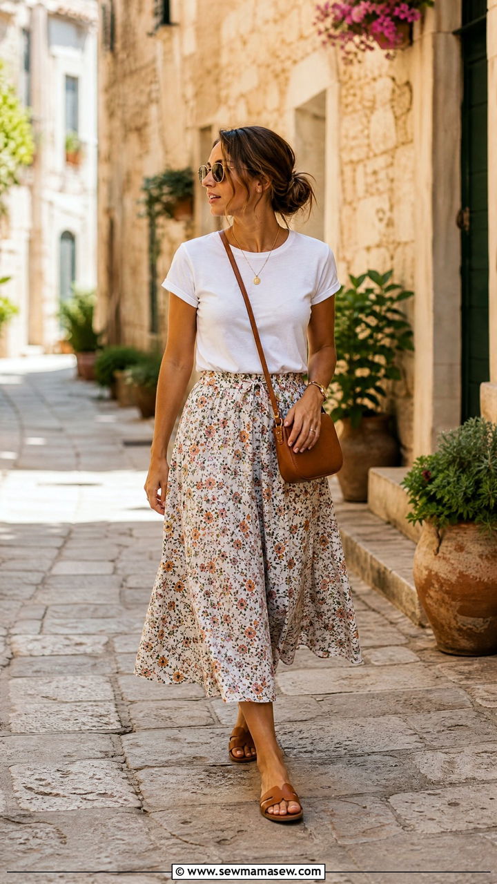 Flowy midi skirt with fitted tee and leather slides - 25 casual Italy outfits