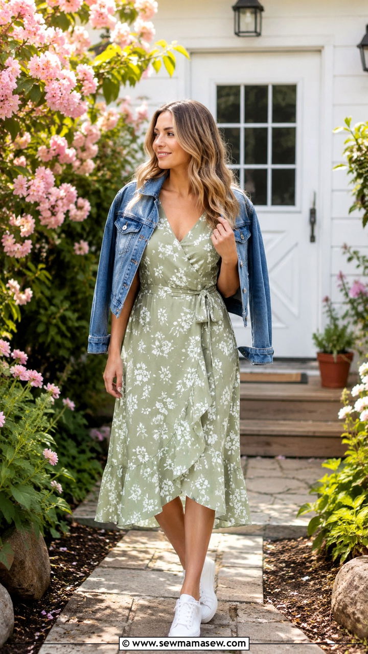 Flowy midi wrap dress with white sneakers - 30 Spring outfit ideas for work from home