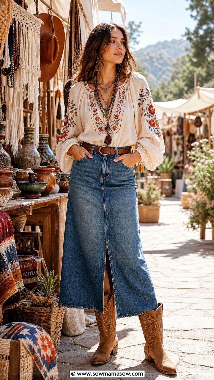 Flowy peasant blouse with embroidered details and long denim skirt - 40 Western summer outfits
