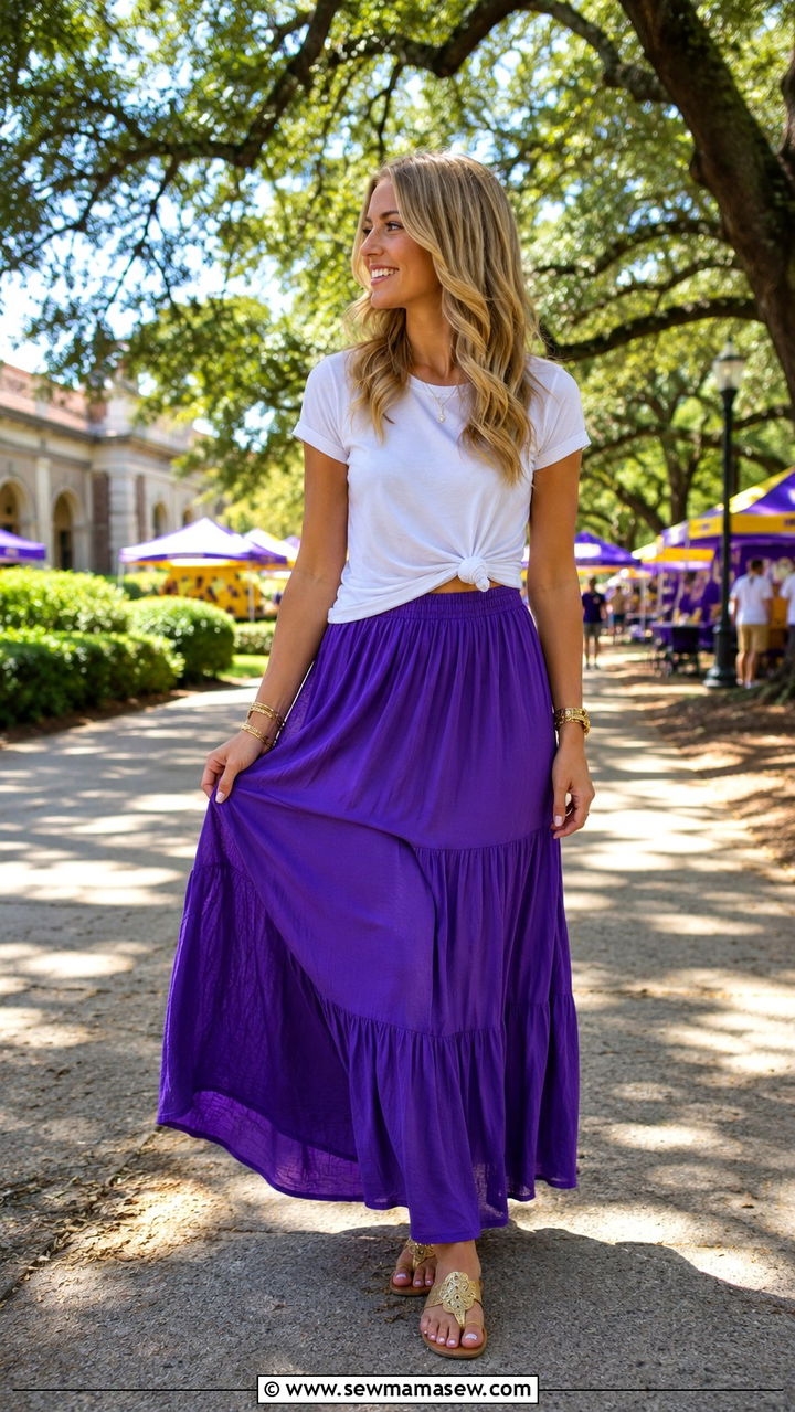 Flowy purple maxi skirt with a knotted white tee and sandals LSU outfit - 20 Gameday outfit ideas LSU