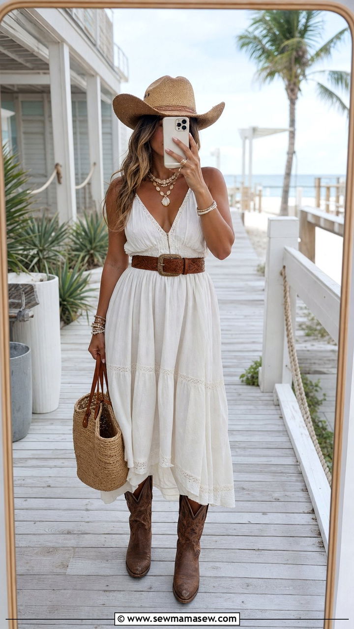 Flowy sundress and cowboy boots with western belt - 25 spring coastal cowgirl outfit ideas