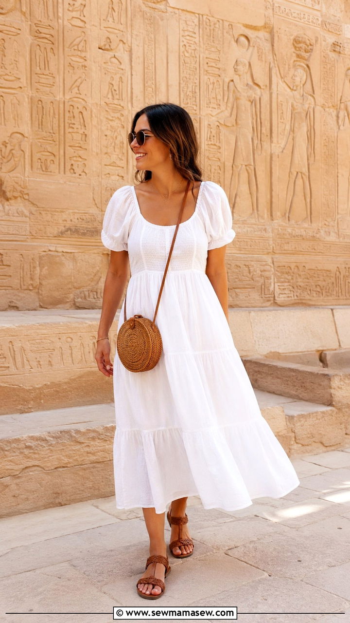 Flowy white midi dress with braided leather sandals - 30 Nile cruise outfit ideas