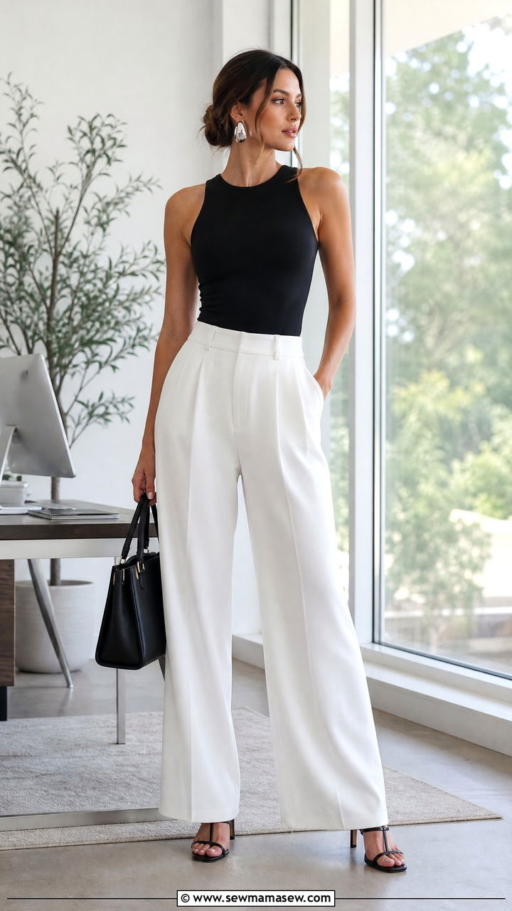 Flowy white suit pants with black top outfit - 25 Female lawyer outfit ideas
