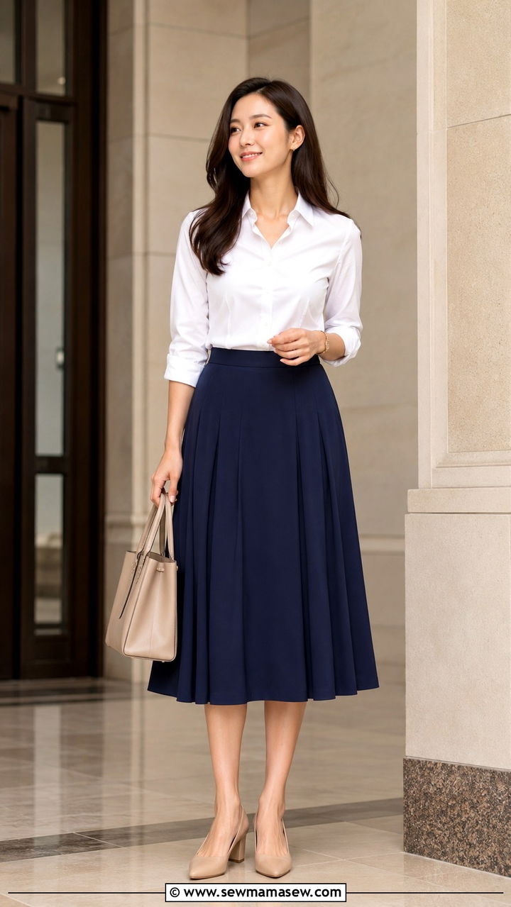 Fluted Midi Skirt with Button Down Shirt - 30 interview outfit ideas for women