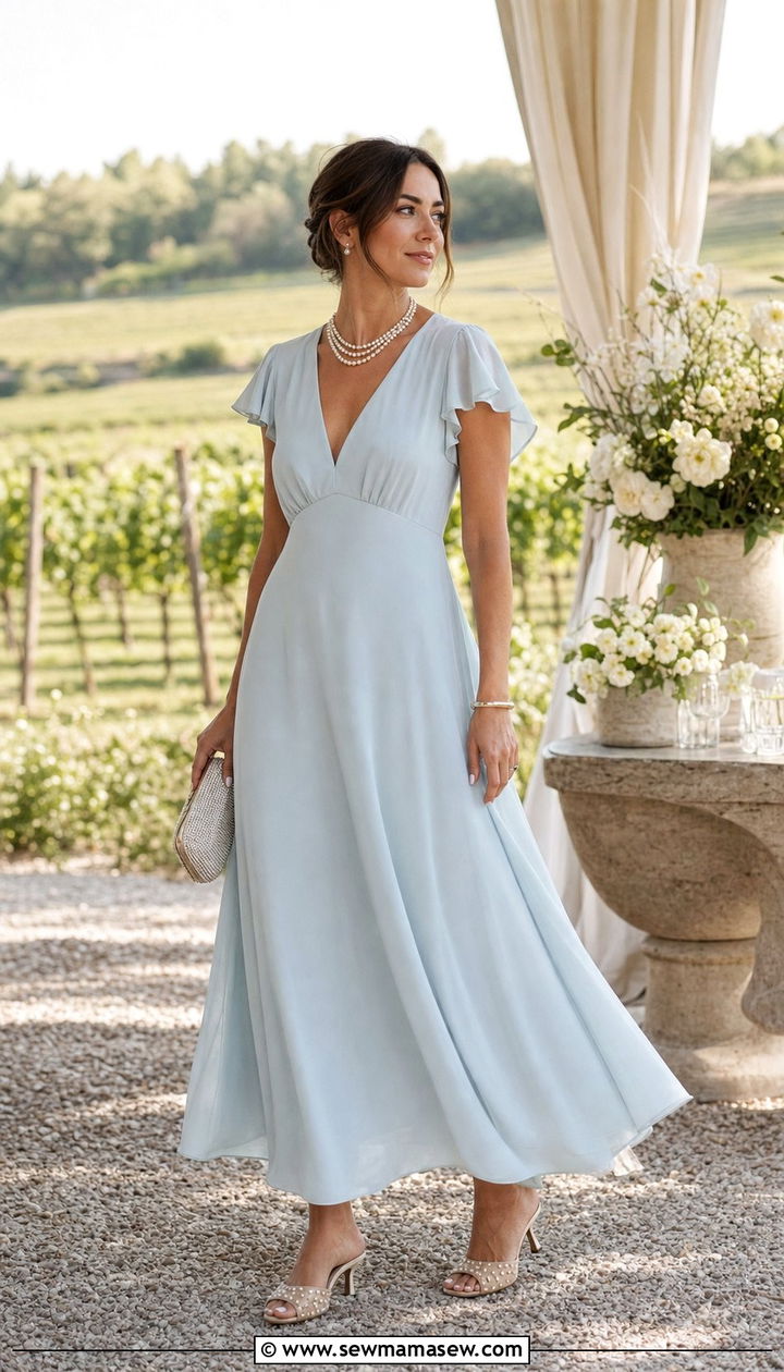Flutter Sleeve A Line Gown With Pearl Accessories - 35 Black tie wedding guest outfits