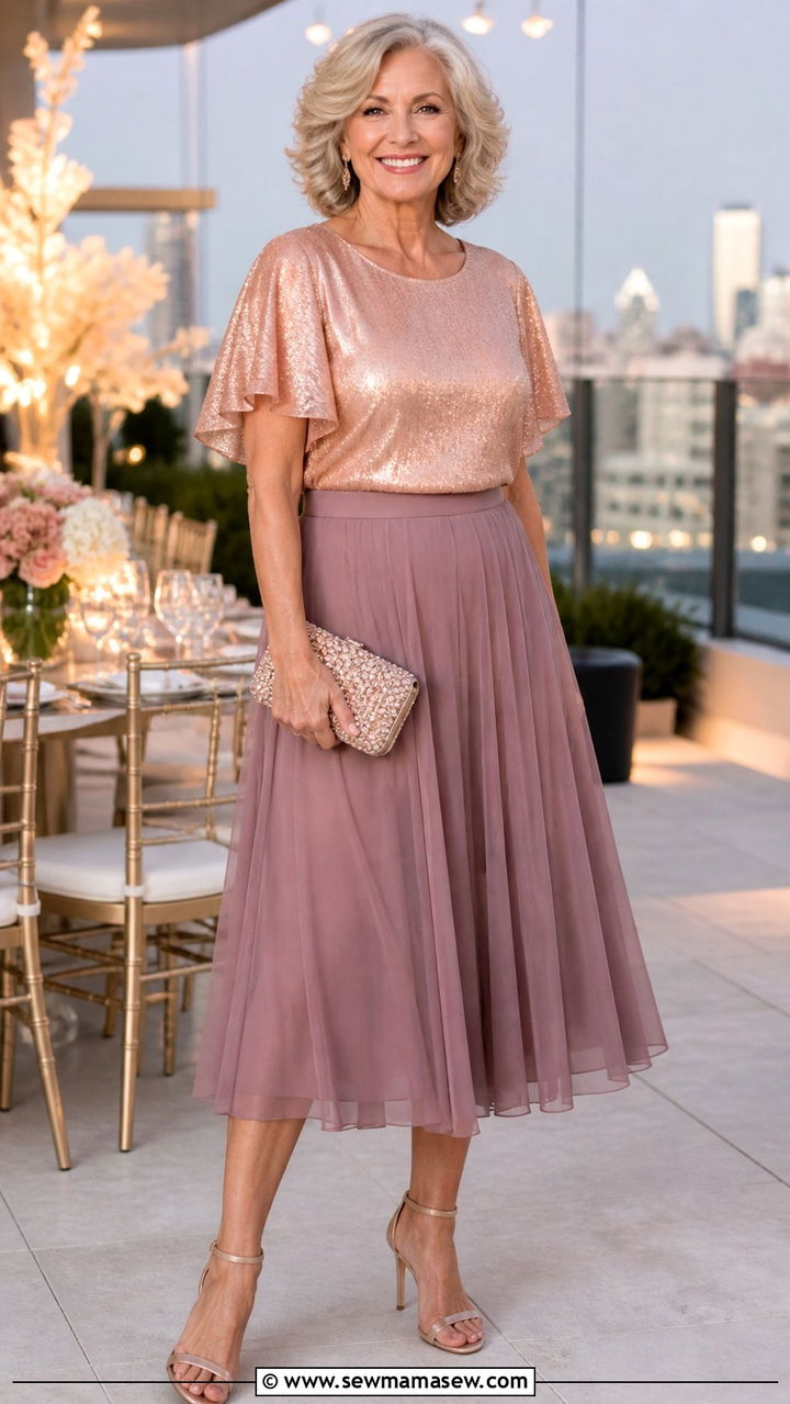 Flutter Sleeve Blouse With Midi Skirt - 20 Birthday outfits for women over 60