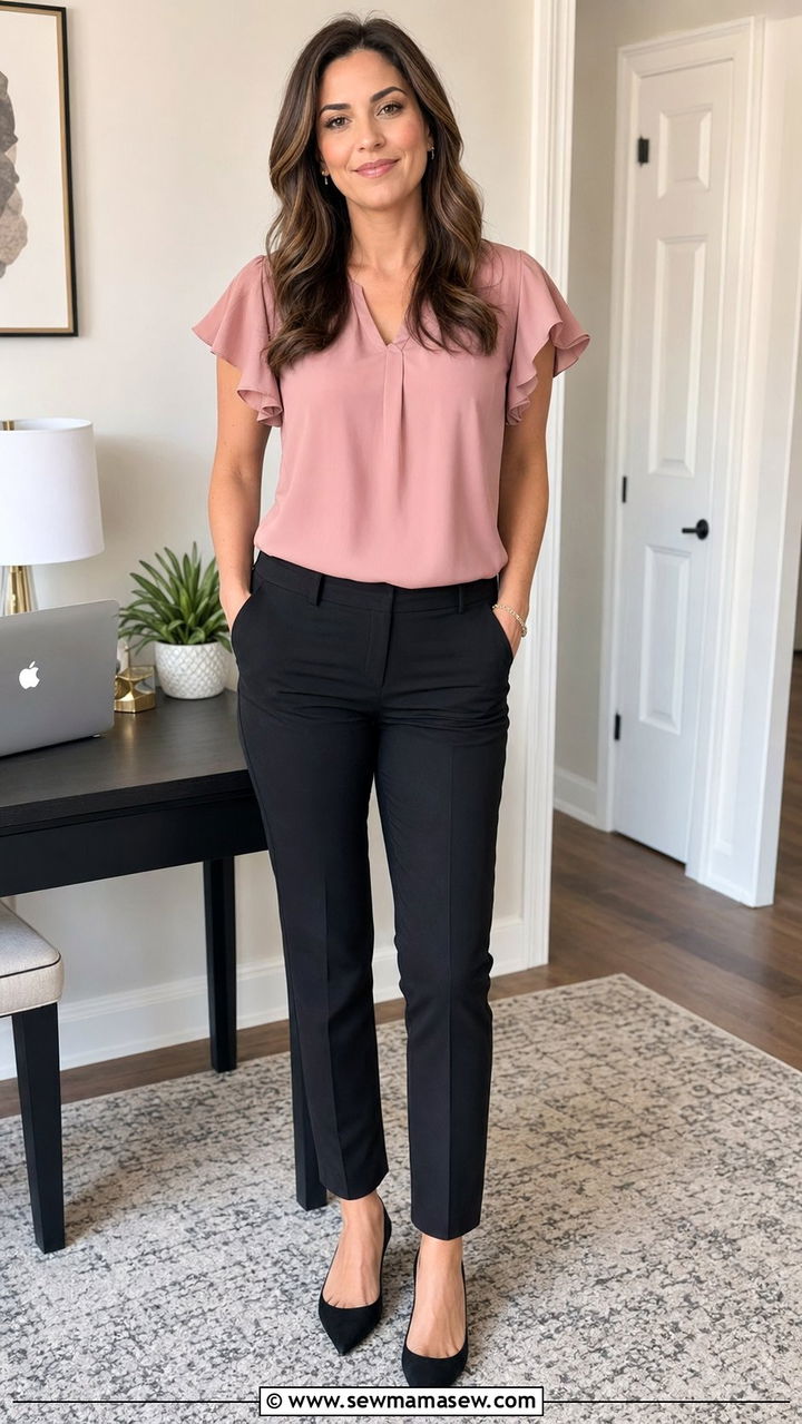 Flutter Sleeve Blouse With Tailored Trousers And Simple Accessories - 30 Zoom meeting outfit ideas