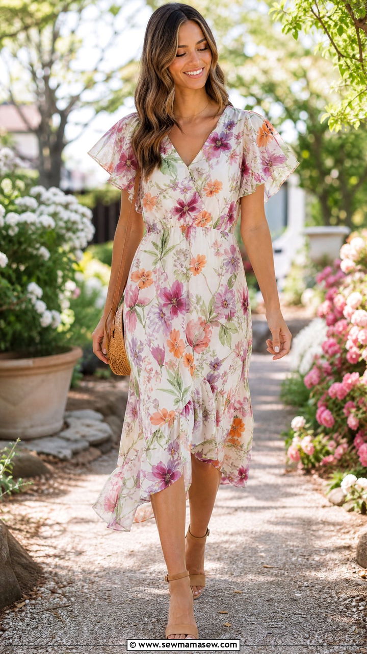 Flutter Sleeve Floral Midi Dress Brunch Look - 30 Bridal brunch outfit ideas