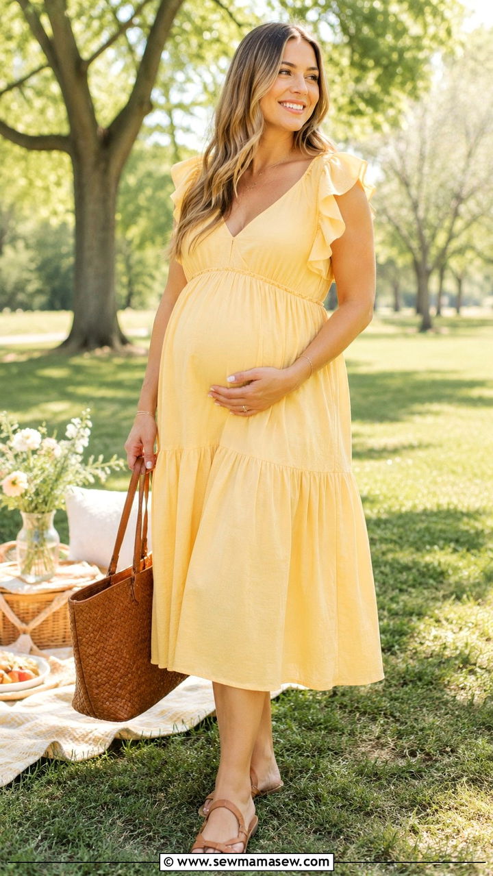Flutter Sleeve Maternity Sundress with Woven Tote - 20 Maternity outfit ideas summer 2026
