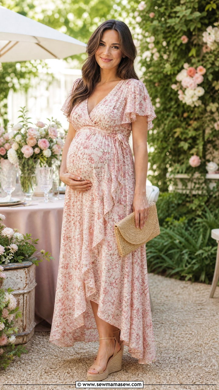 Flutter Sleeve Maternity Wrap Dress With Wedge Sandals - 30 summer outfits for pregnant women