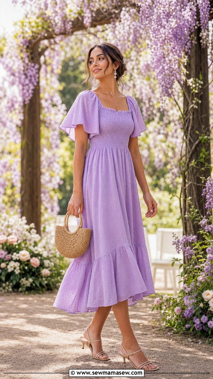 Flutter Sleeve Midi Dress With Pearl Earrings - 35 Boho outfit ideas for wedding guest
