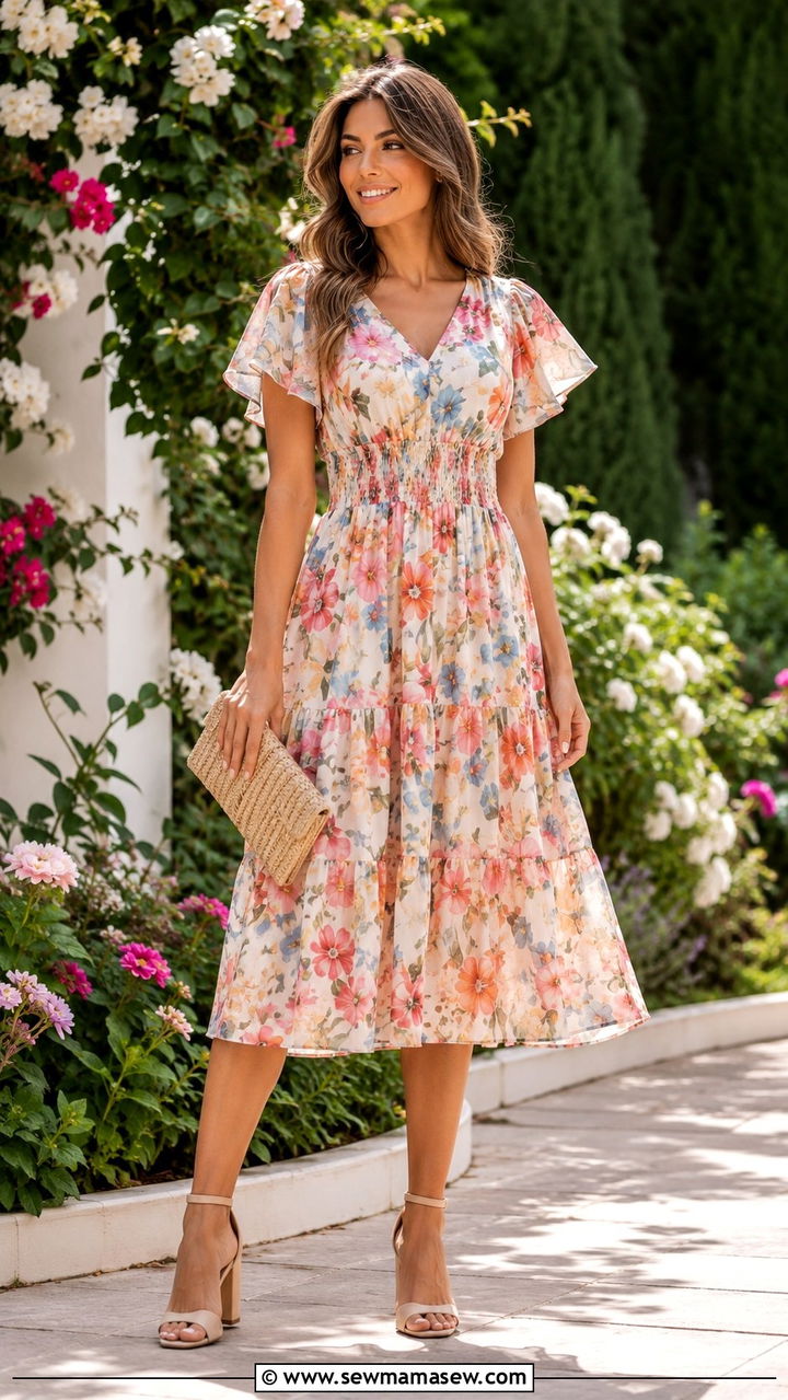 Flutter Sleeve Midi Dress with Heels for Athletic Body - 25 Outfit ideas for muscular arms
