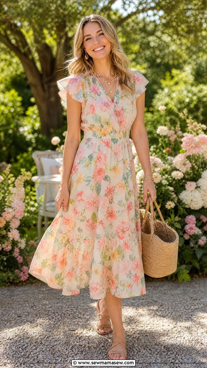 Flutter Sleeve Midi Dress with Straw Tote - 35 Garden party outfit ideas