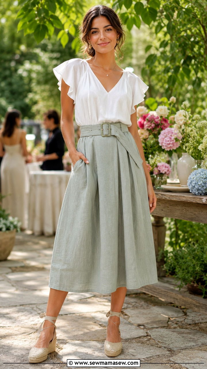 Flutter Sleeve Top With Belted Midi Skirt and Espadrilles - 25 Modest outfit ideas for humid weather