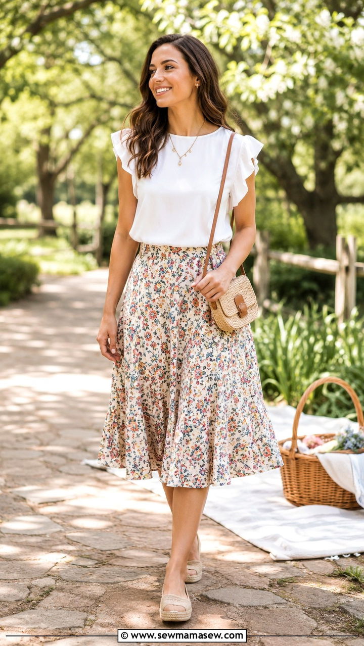 Flutter Sleeve Top and Flared Skirt - 25 Outfit ideas for rectangle body summer