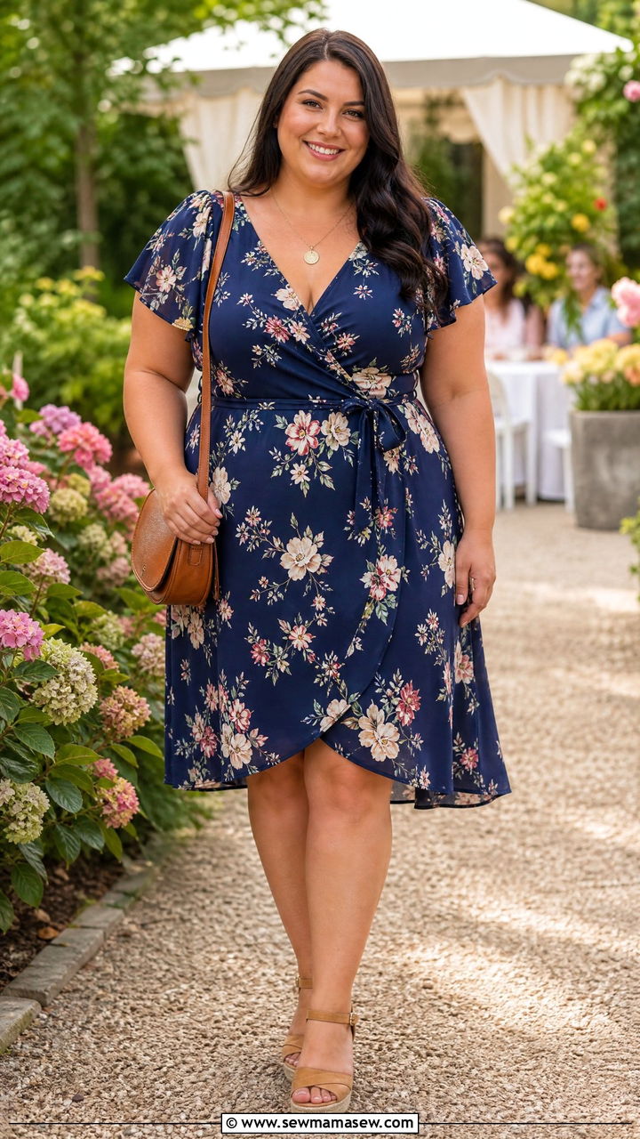 Flutter sleeve wrap dress with wedge sandals - 25 Flattering outfits for big arms